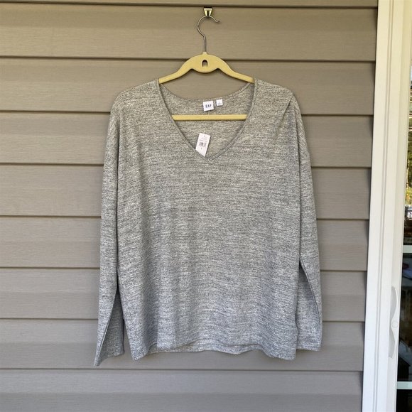 GAP Sweater New V Neck Gray Marled Softspun Large Boxy - Picture 1 of 6